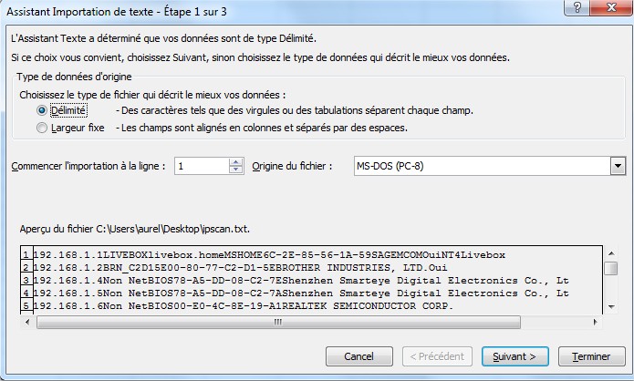 Assistant Importation de texte - Étape 1 sur 3
