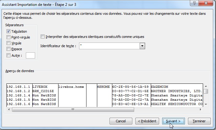Assistant Importation de texte - Étape 2 sur 3