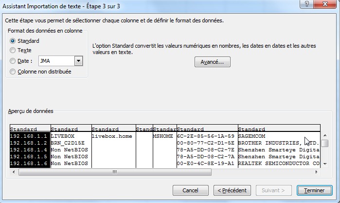Assistant Importation de texte - Étape 3 sur 3