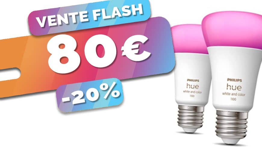 Le lot de 2 ampoules Philips Hue White & Color 1100 lm à 80€ seulement (-20%)