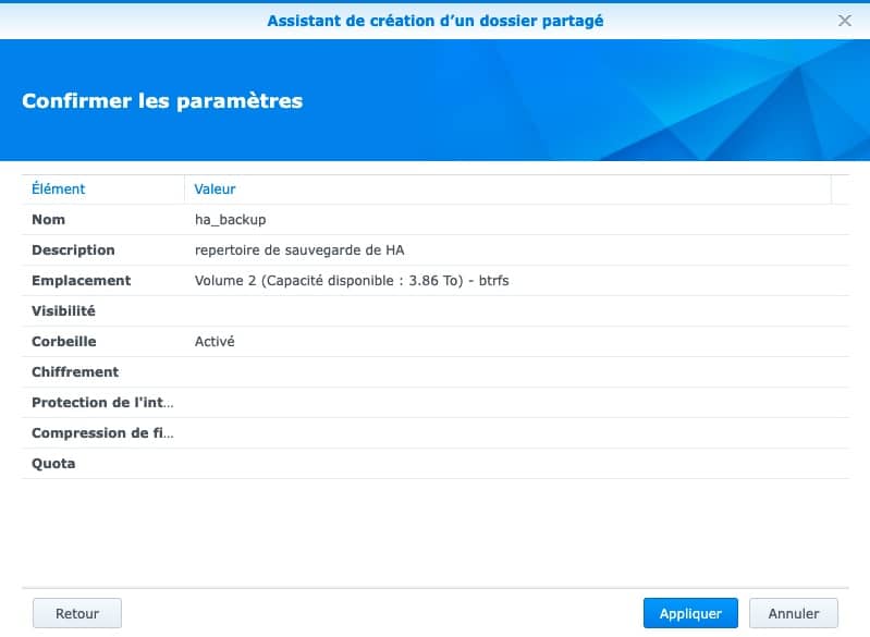 recapitulatif-confirmation-parametres-dossier-aprtage-synology-sauvegarde