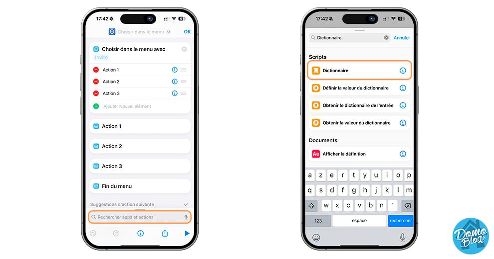 recherche-creation-action-dictionnaire-raccourcis-ios-iphone-15-pro